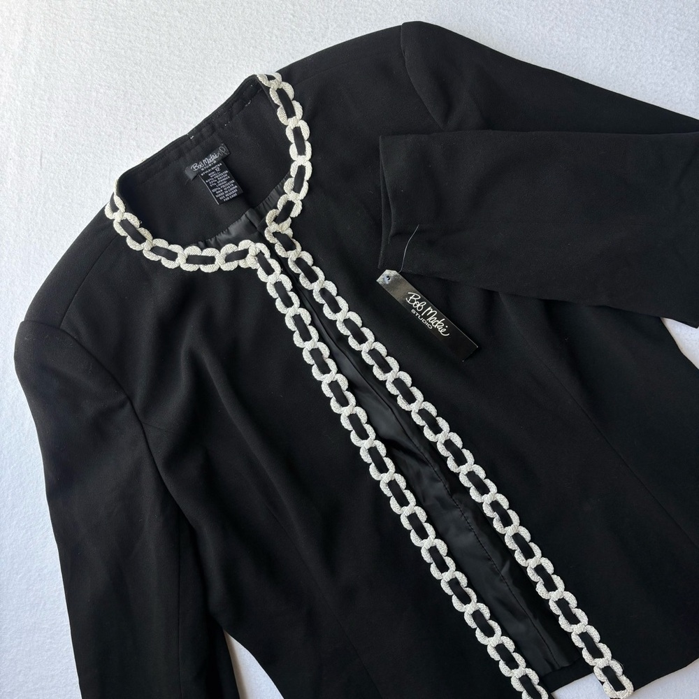 New Bob Mackie Studio Open Blazer Jacket Womens Size 12 Black Ivory Braided Trim